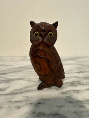 Wooden Owl Figurine hand carved yellow glass eyes